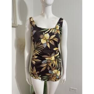 Vintage Ceeb Swimsuit Size 18 Brown Floral One Piece Low Back Swimdress Retro